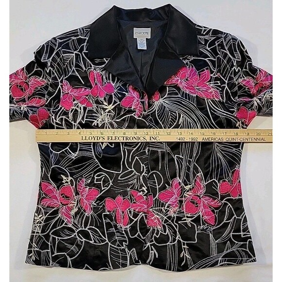 Chico's Silk Blend Jacket Pink Floral Embroidered Cropped Chico’s Size 1 US Med - Picture 11 of 14